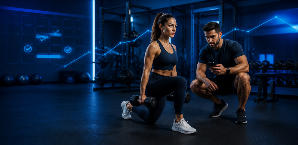 Una atleta entrena mientras su entrenador revisa el progreso